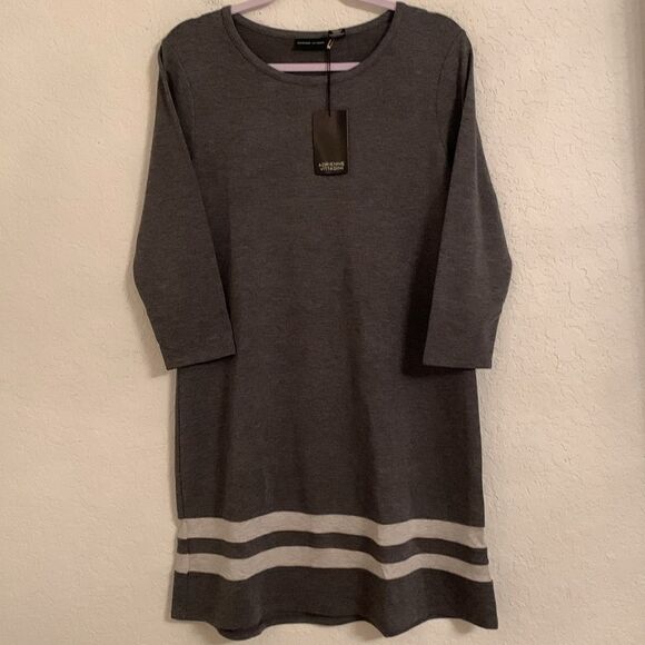 NWT Adrienne Vittadini Gray Knit Scoop Neck 3/4 Sleeves Striped Bottom Size L - Picture 1 of 9